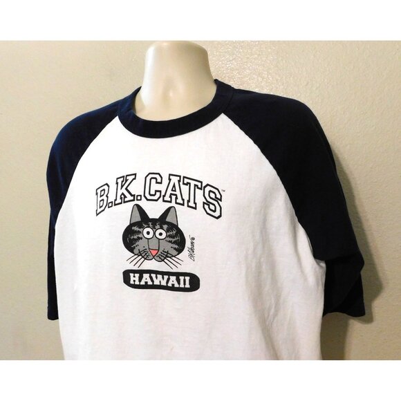 B.Kliban Cats Hawaii Raglan Tee Shirt XL White Navy 100% Cotton Fun Print - Picture 2 of 8